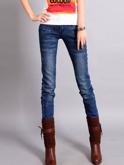 2012 Korea Fashion Women Natural Waist Long Slim Fit Jeans