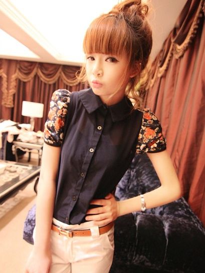 Stunning New Floral Print Puff Sleeve Blouse Navy Blue