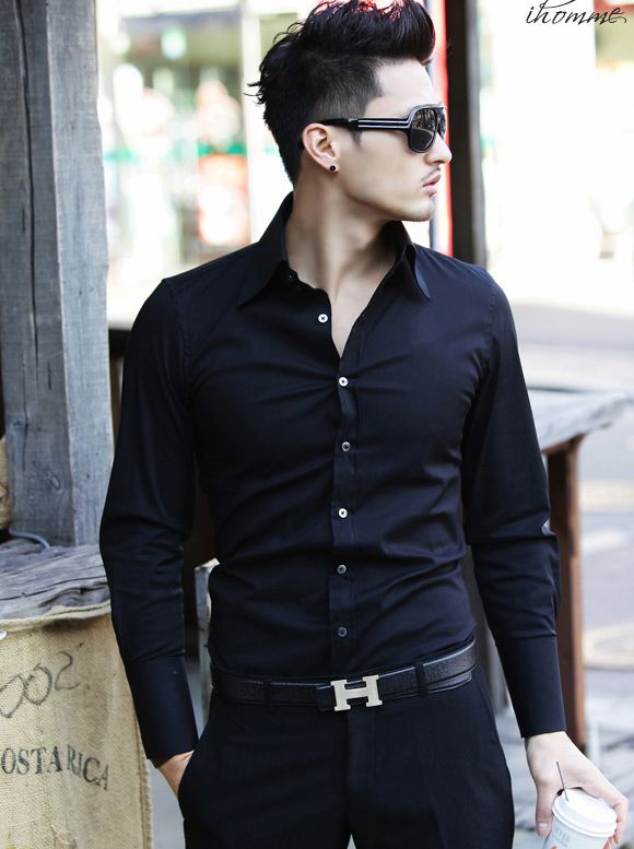 New Fashion Men Long Sleeve Slim Fit Shirt Black