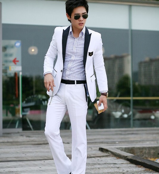 New Men White Suit With Black Trim One Button Flat Front Pants Suit