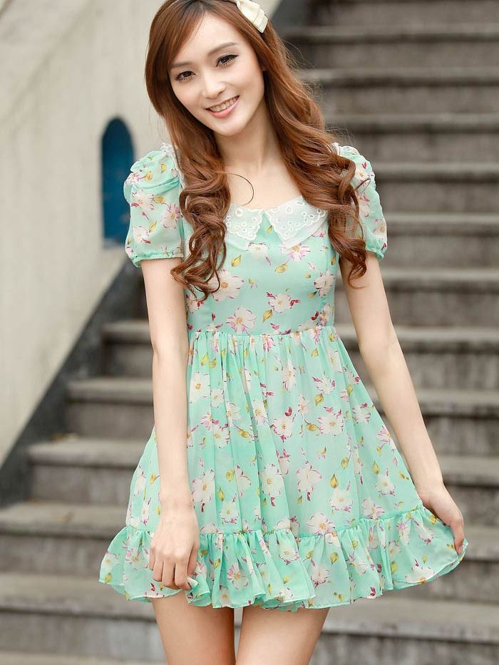 Summer Hot Sale Floral Pattern Bubble Sleeve Doll Collar Dress