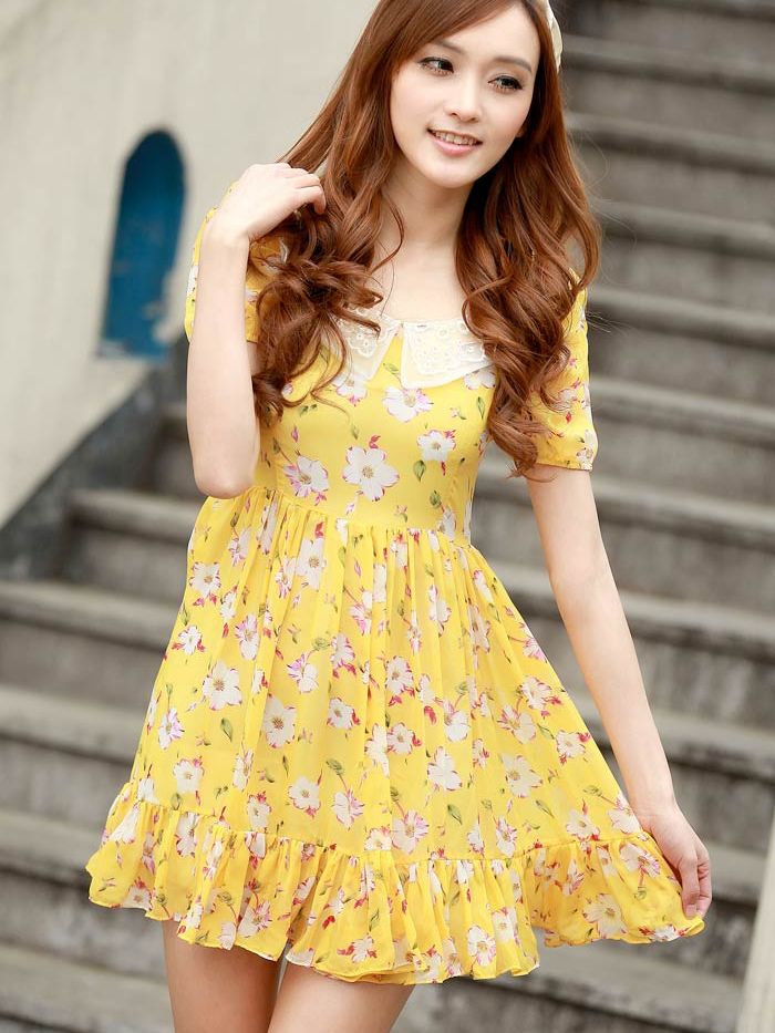 Korean Style Floral Pattern Bubble Sleeve Doll Collar Dress