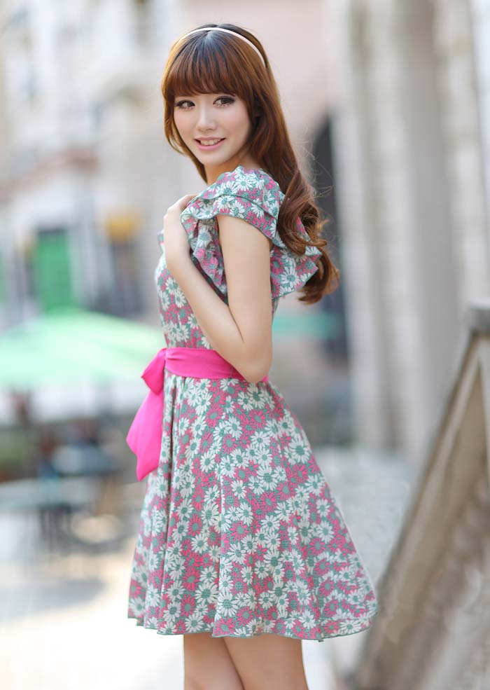 Summer Korea Fashion Lady's Round Neck Floral Dress