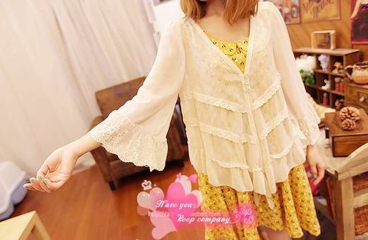 Japanese Style Lady's V-neck Chiffon Cardigan White