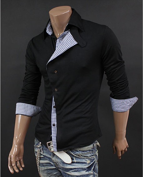 New Men Fashion Designed Asym Placket Slim Long Sleeve Shirt
