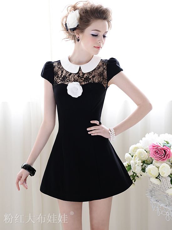 New Arrival Turn-down Collar Lace Patched Puff Sleeve Dress