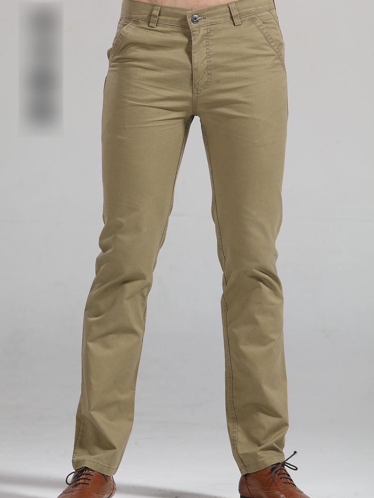 Man's New Stylish Pure Color Straight Pants In Dark Khaki