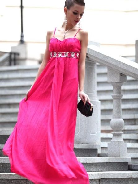Elegant Women Crystal Bead Full-length Straps Evening Dress