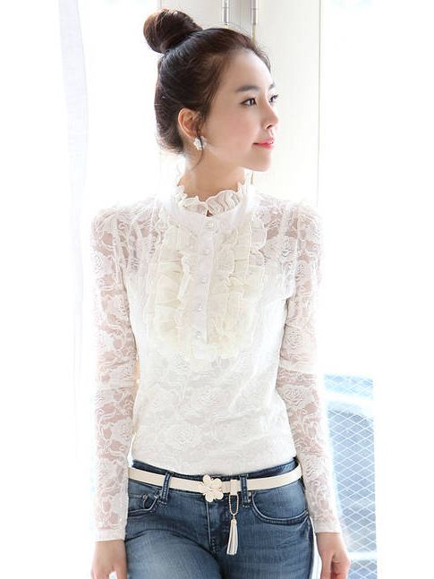 New Arrival Ruffle Collar Pearl Buttons Slim Lace Blouse