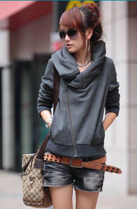 Chic Stylish Zip Up Pure Color Hoodies