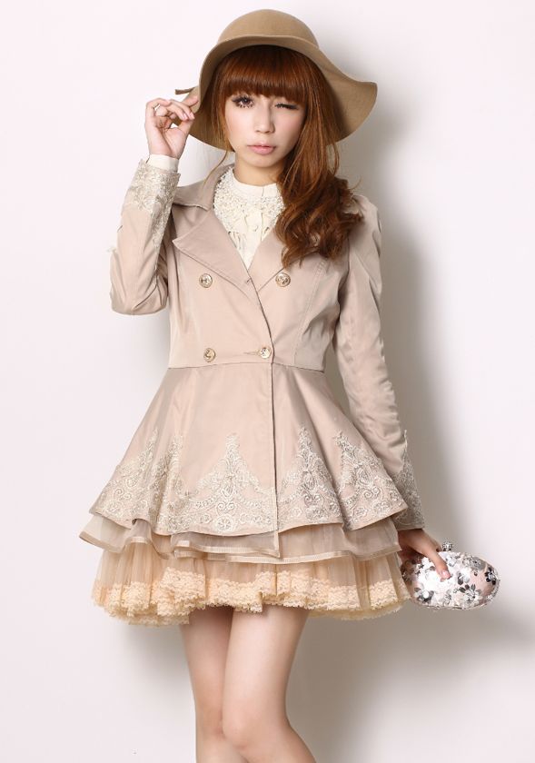 Sweet Fashion Double-breasted Lace Hem Embroidery Slim Long Coat