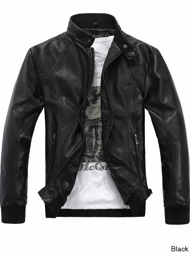 New Fashion Men Zip up Slim Fit Leather Jacket Coat