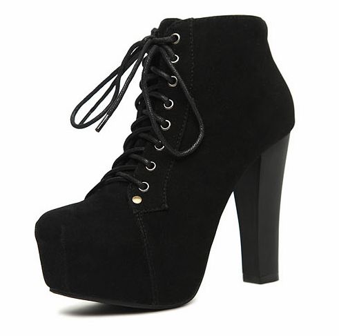 Women Fashion Faux Suede Lace up Chunky Heel Boots