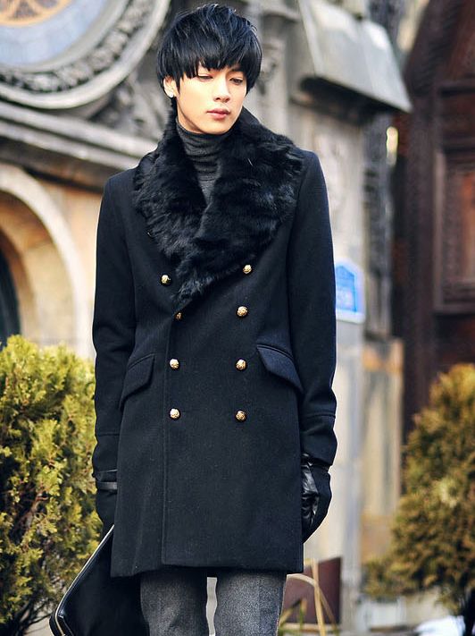 Men Stylish Fur Collar Double-breasted Long Trench Coat