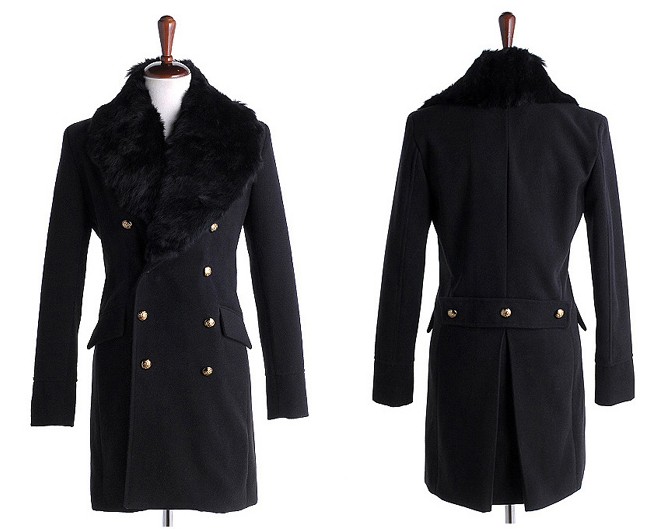 Men Stylish Fur Collar Double-breasted Long Trench Coat