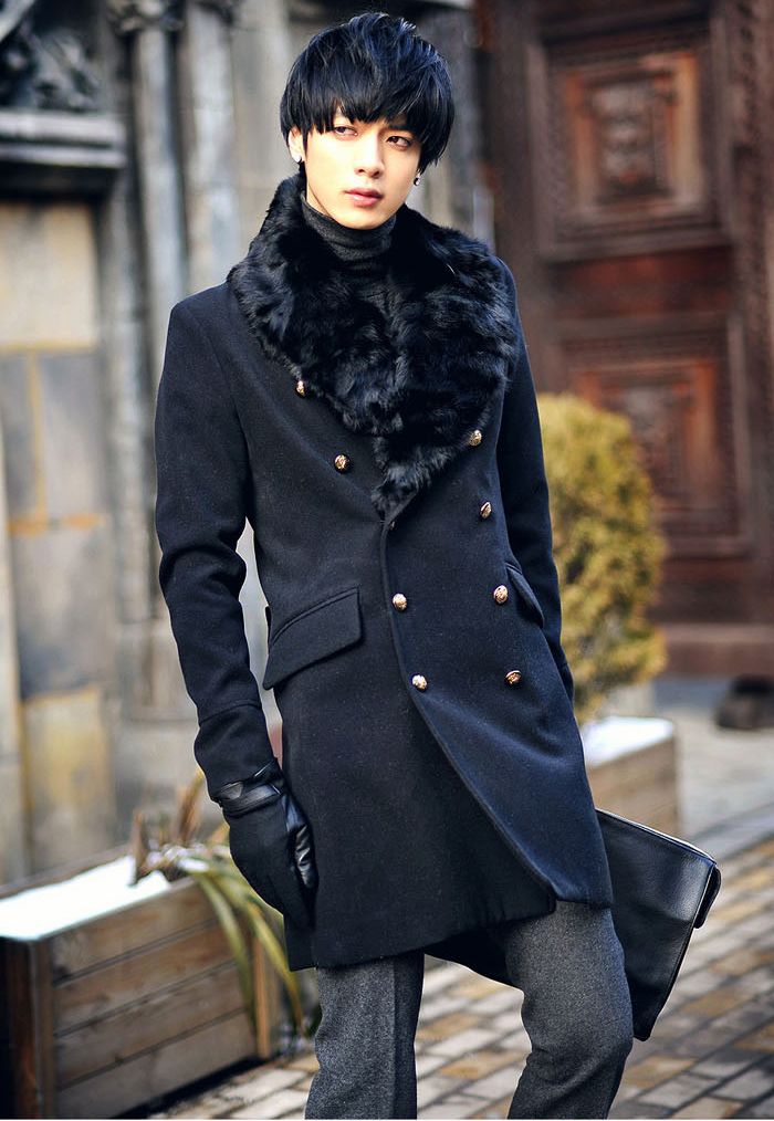 Men Stylish Fur Collar Double-breasted Long Trench Coat