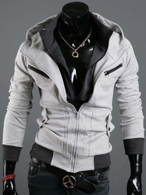 New Fashion Double Zippers Slant Pockets Hooded Casual Coat