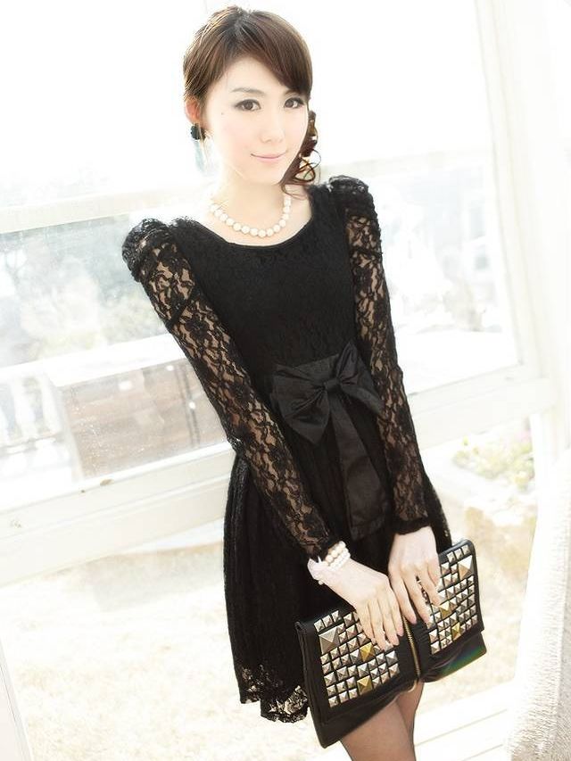 Japanese Style Floral Lace Puff Long Sleeve Mini Dress