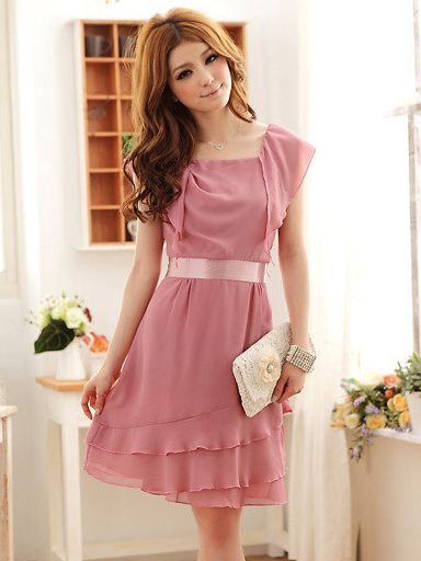 Romantic Style Silk Patched Asymmetrical Ruffle Short Sleeve Dress