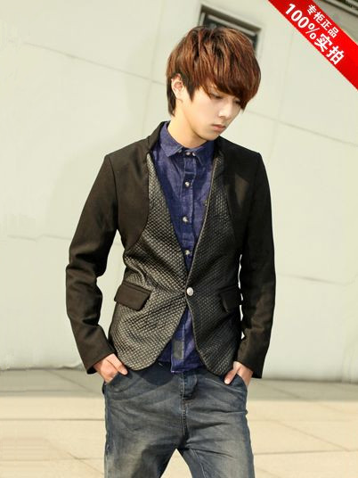 Modern Men Stand Collar One Button PU Patched Black Suit