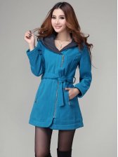 New Lady Warm Zip up Slim Fit Blue Long Coat
