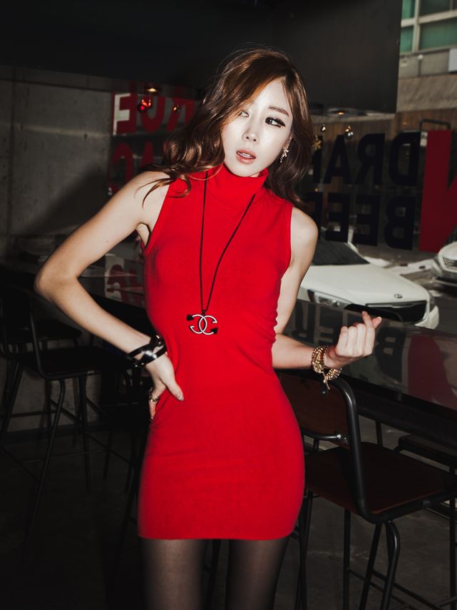 red roll neck dress