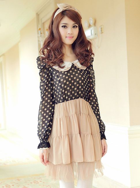 Japanese Style Doll Collar Round Dots Long Sleeve Dress