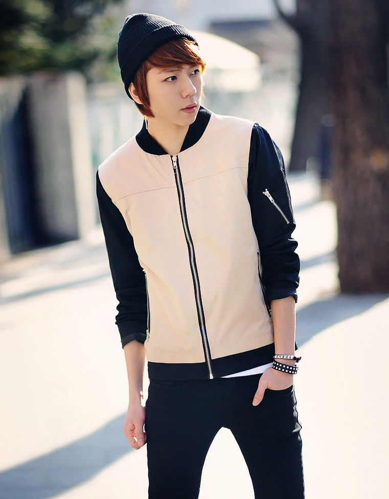 Korean Style Men Color Block Zip up Slim Jacket Coat