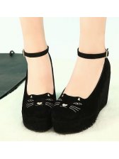 Fashion Girls Cat Embroidery Buckle Wedge Shoes