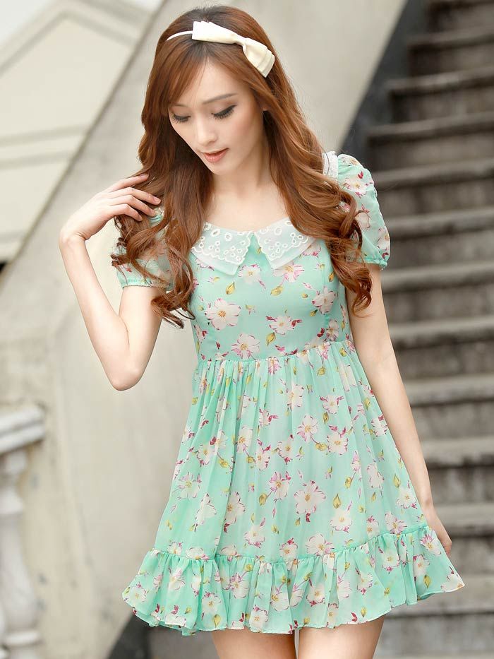 Romantic Summer Flower Printing Lace Collar Short Sleeve Blue Dress