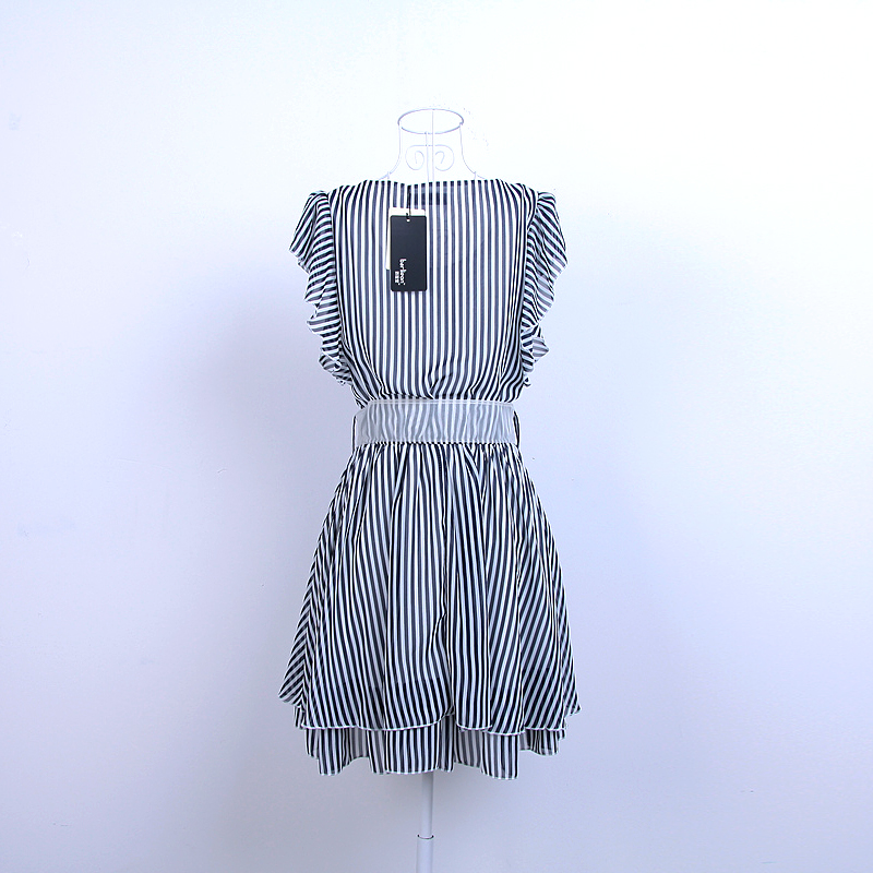 Korean Summer Ruffled Sleeve Bow Stripe Dress
