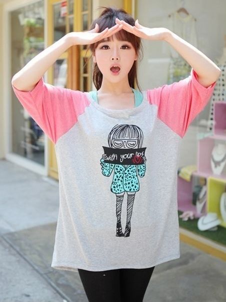 New Summer Color Block Girl Pattern Short Sleeve T-shirt