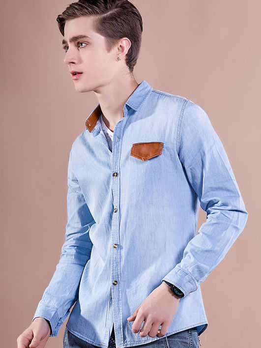 Hot New Pure Color Long Sleeve Fitted Denim Shirt