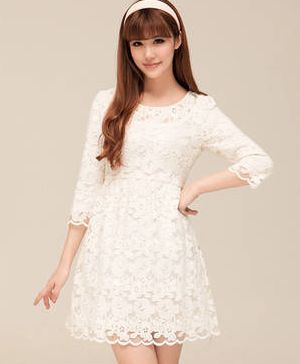 Korean Sweet Lace Zip Pure Color White Three-quarter Sleeve Dress