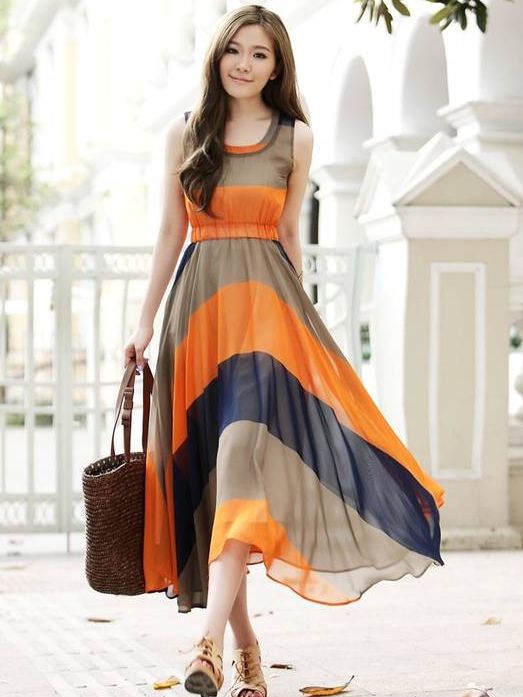 Elegant Women Color Matching Asymmetrical Hem Sleeveless Maxi Dress