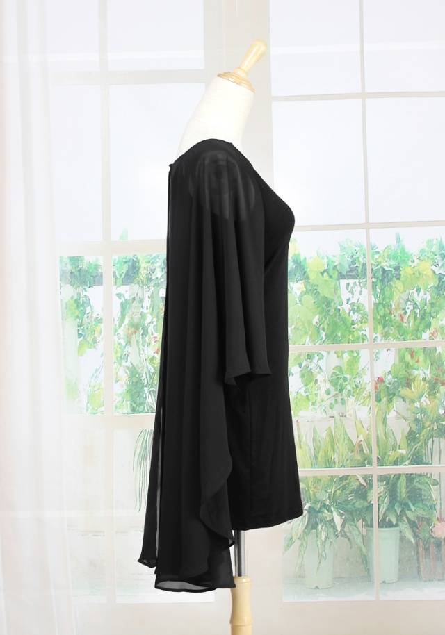 Vogue Women Pure Color Chiffon Patched Cloak Black Dress