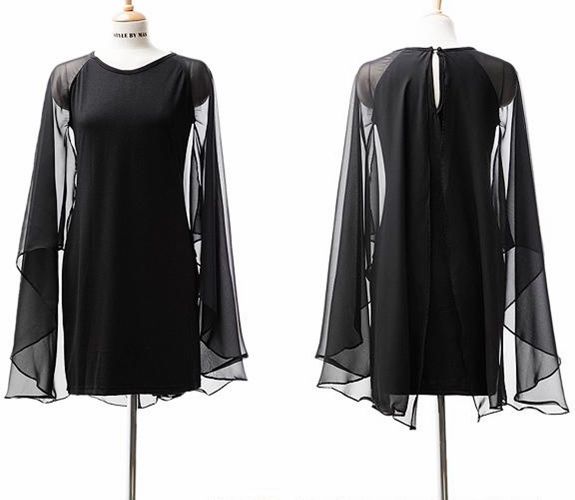 Vogue Women Pure Color Chiffon Patched Cloak Black Dress