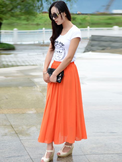 Simplicity Summer Fitted Pleated Pure Color Orange Long Skirt