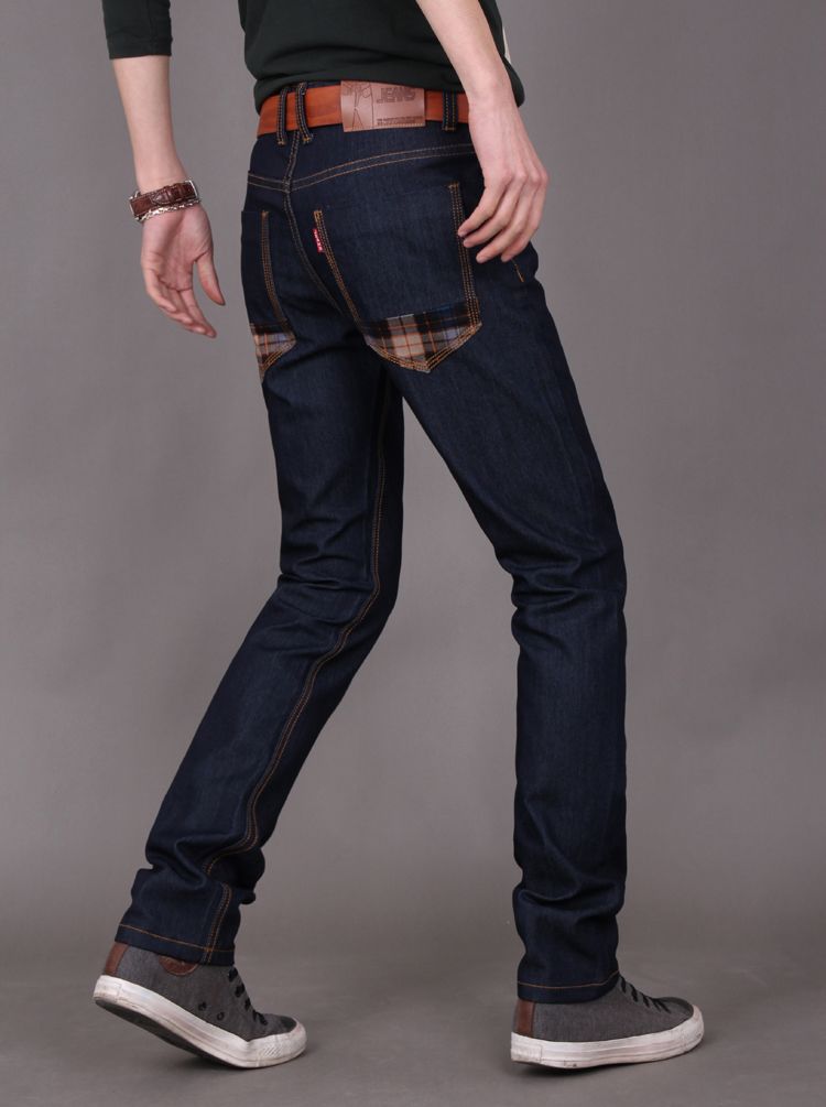 New Stylish Man Side Pocket Plaid Slim Jeans