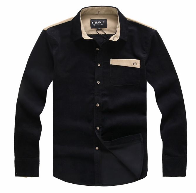 Spring Fashion Men Color Block Long Sleeve Corduroy Shirt