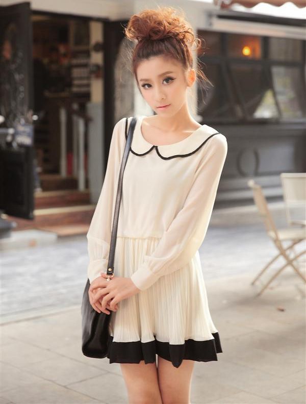 Wholesale Japanese Style Pleated Hem Long Sleeve Chiffon Dress ...