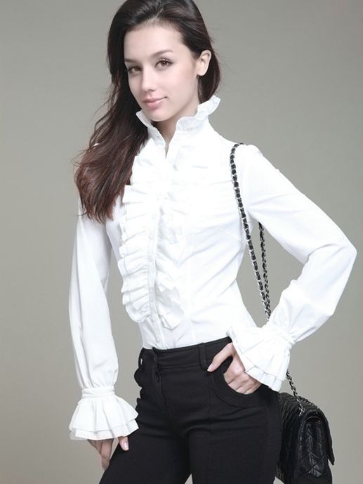Hot New Stand Collar Flounce Fitted White Blouse
