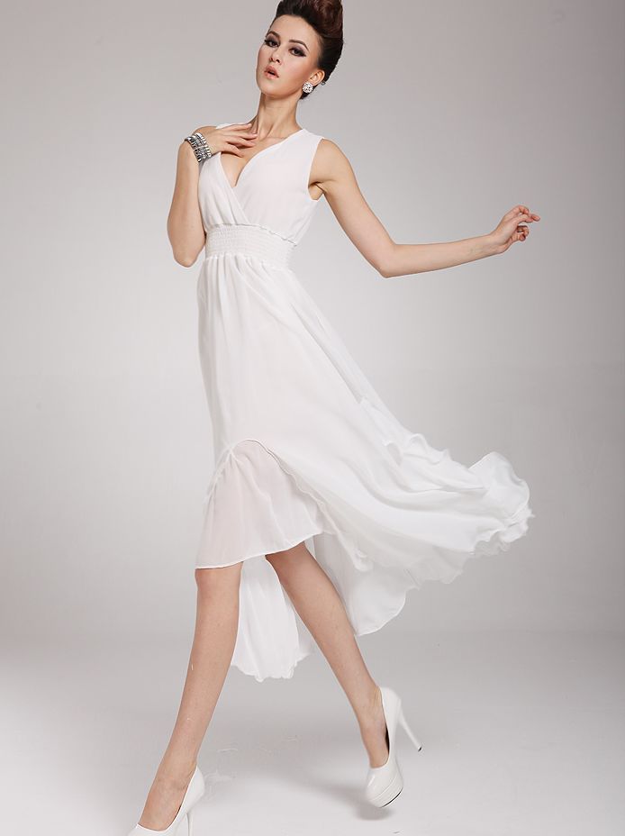 Fresh Style V-neck Asymmetrical Hem White Chiffon Maxi Dress