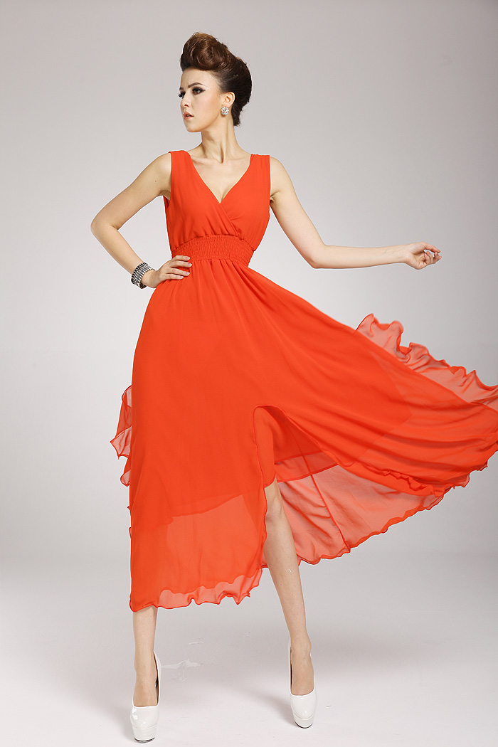 Brand New V-neck Asymmetrical Hem Orange Chiffon Maxi Dress