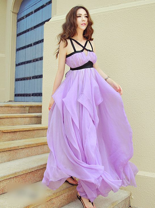 Summer Elegant Hollow Out Chiffon Straps Purple Maxi Dress