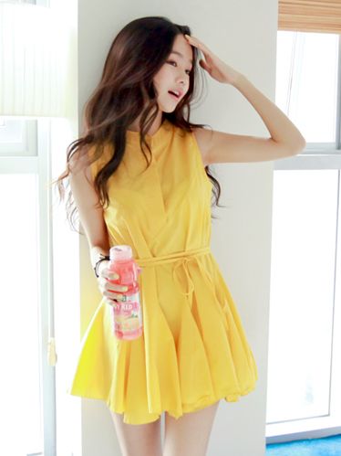 Summer Korean Drawstring Bow Light Yellow Dress