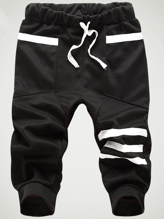Summer Fashion Stripe Color Block Black Three-quarter Casual Sporty Pants