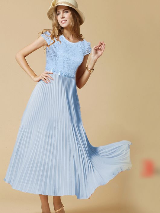Elegant Summer Lace Patched Short Sleeve Azure Maxi Dress