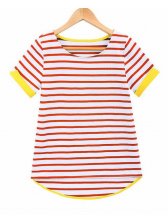 Summer Tide Women Stitching Color Stripe Cotton T-Shirt
