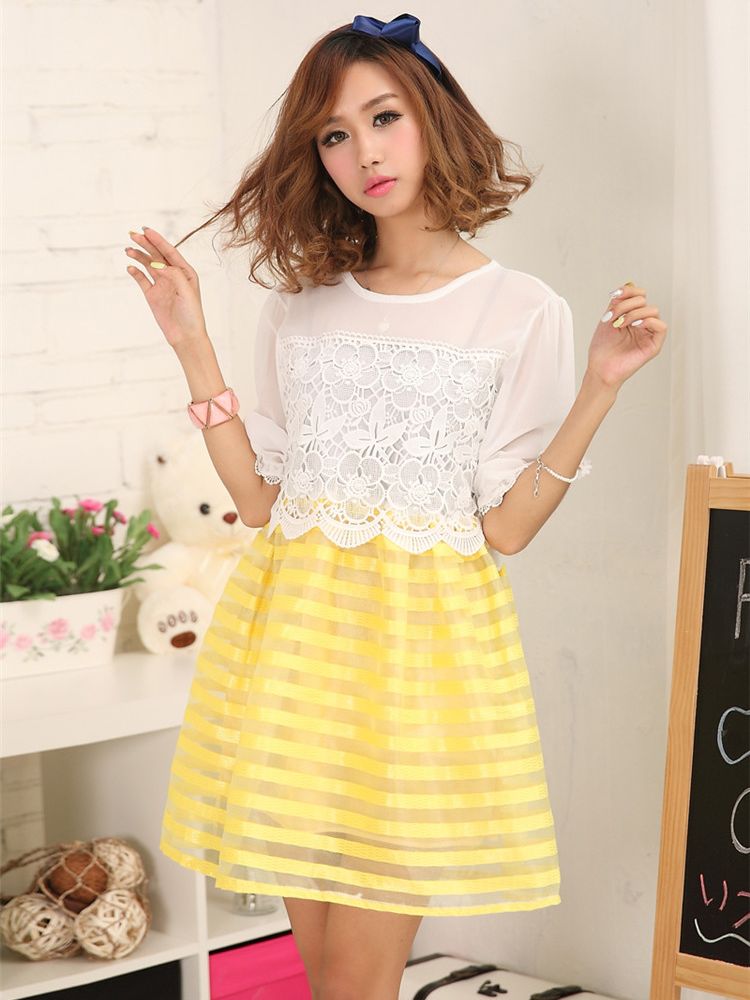 Korean Fashion Half Sleeve Lace Yellow Dress